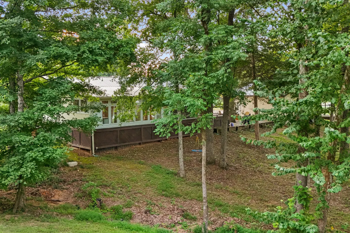 The wooded ground immediately behind the house